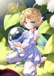  antennae armband bare_shoulders barefoot blonde_hair blue_eyes capri_pants carrying curly_hair detached_sleeves dew_drop dress fairy fairy_wings flower highres jewelry leaf minigirl original pants pointy_ears puffy_sleeves short_hair sitting smile solo tea_cake water_drop wings 