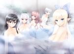  2girls bath bathing black_hair blonde_hair blue_eyes blush breasts character_request female highres kirika_towa_alma large_breasts long_hair multiple_girls naked_towel nude onsen open_mouth pointy_ears purple_eyes red_eyes rinna_mayfield shining_(series) shining_resonance sonia_blanche steam 