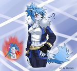  2010 ? anthro blood blue_background blue_fur blue_hair breasts canine claws clothed clothing english_text female fire fox fur hair hybrid jacket long_hair looking_at_viewer mammal nosebleed orange_eyes pants plain_background scar skykain text thumbs_up white_fur wolf 