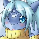 2010 anthro blue_background blue_eyes blue_hair blue_skin close-up clothed clothing cute english_text female fish hair looking_at_viewer marine myrl one_eye_closed open_mouth plain_background shark skykain solo sweater teeth text thresher_shark tongue wink 