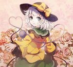  bad_id bad_pixiv_id bow dise flower grey_eyes hat hat_bow heart heart_of_string komeiji_koishi long_sleeves looking_at_viewer looking_back open_mouth outstretched_arms pink_flower pink_rose rose shirt silver_hair skirt smile solo third_eye touhou wide_sleeves 