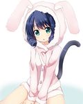  :o amano_kouki animal_ears animal_hood blue_hair bunny_ears bunny_hood cat_tail curly_hair cyan_(show_by_rock!!) fake_animal_ears green_eyes highres hood looking_at_viewer pajamas short_hair show_by_rock!! simple_background solo tail white_background 