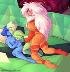  alien blue_hair blue_skin crystal_gem female female/female gem green_hair green_skin group group_sex hair humanoid jasper_(steven_universe) kissing lapis_lazuli male muscles nude orange_skin peridot_(steven_universe) sex unknown_artist white_hair 