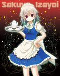  1girl apron braid character_name creamer_(vessel) hand_on_hip izayoi_sakuya looking_at_viewer maid maid_headdress red_eyes short_hair side_braids silver_hair smile solo tea_set touhou tray twin_braids 