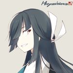  black_hair character_name grin hair_over_one_eye hair_ribbon hayashimo_(kantai_collection) kantai_collection looking_away ribbon school_uniform silver_background silver_eyes simple_background smile solo souji upper_body white_ribbon 
