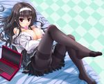  ass black_hair breast_squeeze breasts cleavage computer condom condom_in_mouth crotch_seam feet hairband kasumigaoka_utaha laptop large_breasts long_hair long_legs lying mouth_hold noritama_(gozen) off_shoulder on_back panties panties_under_pantyhose pantyhose red_eyes saenai_heroine_no_sodatekata school_uniform skirt solo thighband_pantyhose underwear upskirt 