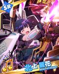  beamed_eighth_notes blue_hair brown_eyes card_(medium) character_name character_signature energy_sword futami_ami idolmaster idolmaster_(classic) idolmaster_million_live! kitakami_reika mecha_musume multiple_girls musical_note official_art one_eye_closed open_mouth solo_focus spark sword weapon 