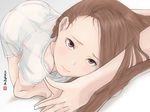  all_fours asian bed bra_strap bralines brown_hair close-up commentary_request eyelashes eyes hairband hands_together idolmaster idolmaster_(classic) kurorichin leaning_forward long_hair looking_at_viewer minase_iori pov realistic red_eyes see-through shirt solo top-down_bottom-up wet wet_clothes wet_shirt white_shirt 