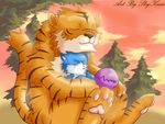  2010 ambiguous_gender anthro black_fur blue_fur canine claws cloud cute duo english_text eyes_closed feline feral fur hug male mammal nude orange_fur outside pawpads paws scar sitting size_difference sky skykain smile stripes text tiger tree white_fur 
