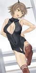  breasts brown_hair cleavage front_zipper_swimsuit green_eyes headgear highres kantai_collection kurorichin large_breasts meme_attire mutsu_(kantai_collection) one-piece_swimsuit open_mouth short_hair solo swimsuit 