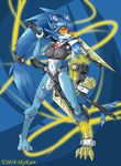  2010 android anthro armor blue_fur blue_hair blue_nose breasts claws clothed clothing feline female fur hair hi_res looking_at_viewer machine mammal mechanical navel orange_eyes ponytail robot skimpy skykain sword tiger unconvincing_armor weapon white_fur 