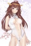  ahoge breasts brown_hair cherry_blossoms double_bun front_zipper_swimsuit hairband headgear highres kantai_collection kongou_(kantai_collection) kurorichin long_hair medium_breasts meme_attire navel one-piece_swimsuit smile solo star star-shaped_pupils swimsuit symbol-shaped_pupils 