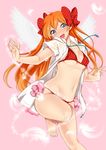  angel_wings bikini bow feathered_wings feathers gekkan_shoujo_nozaki-kun hashimoto_(yanagi-momo) jacket long_hair open_clothes open_jacket orange_hair pink_background polka_dot polka_dot_bikini polka_dot_bow polka_dot_swimsuit purple_eyes sakura_chiyo solo swimsuit wings 