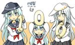  :d anchor_symbol black_skirt blue_eyes blush_stickers dated flat_cap goodsun_sunkumi hammer_and_sickle hat hibiki_(kantai_collection) highres kantai_collection long_hair multiple_persona multiple_views neckerchief open_mouth pleated_skirt school_uniform serafuku silver_hair skirt smile verniy_(kantai_collection) 