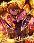  beamed_eighth_notes brown_hair card_(medium) character_name character_signature futami_ami idolmaster idolmaster_(classic) idolmaster_million_live! mecha_musume musical_note official_art one_eye_closed one_side_up solo spark 
