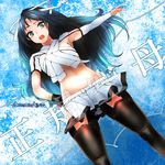  artist_name black_hair black_legwear blue_background character_name cowboy_shot dutch_angle green_eyes highres kantai_collection katsuragi_(kantai_collection) kojima_(blue_stardust) long_hair looking_at_viewer midriff miniskirt open_mouth outstretched_arm pleated_skirt ponytail skirt solo 
