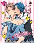  1girl blue_hair blush brown_eyes brown_hair closed_eyes gekkan_shoujo_nozaki-kun hashimoto_(yanagi-momo) heart hori_masayuki hug hug_from_behind kashima_yuu reverse_trap sanpaku short_hair sparkle striped striped_background translation_request 