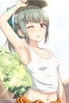  arm_up armpits bangs belly_peek blue_sky bow breasts chemise cloud covered_nipples day grey_eyes grey_hair hair_bow highres kanden_suki kantai_collection midriff navel one_eye_closed open_mouth ponytail silver_hair sky small_breasts solo sweat yuubari_(kantai_collection) 