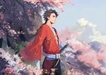  brown_hair cherry_blossoms day japanese_clothes katana male_focus mutsu-no-kami_yoshiyuki naked_cat profile sky smile solo sword touken_ranbu weapon yellow_eyes 