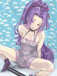  hair_ribbon hatsuharu_(kantai_collection) highres kantai_collection kurorichin long_hair ponytail purple_eyes purple_hair ribbon see-through solo strap_slip torpedo very_long_hair 