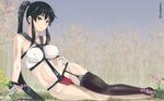  adapted_costume asymmetrical_legwear bare_legs bare_shoulders black_hair breasts forest garter_straps gloves grass highres kantai_collection kurorichin large_breasts long_hair lying midriff nature on_side outdoors ponytail red_eyes school_uniform scrunchie serafuku sidelocks single_thighhigh solo thighhighs very_long_hair white_gloves yahagi_(kantai_collection) 