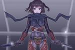  blush breasts brown_eyes brown_hair dual_wielding final_fantasy final_fantasy_xi fishnets gloves highres holding kantai_collection kunai kurorichin medium_breasts navel ninja ninja_(final_fantasy) scarf sendai_(kantai_collection) short_hair signature smile two_side_up weapon 