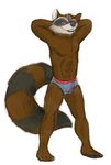  abs arms_above_head barefoot big_ears big_tail black_soles brown_fur bulge clothing erection freder fur grin guardians_of_the_galaxy male marvel muscles penis red_eyes rocket_raccoon solo teeth underwear 