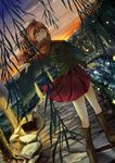  absurdres blouse boots bridge canal cape covering_mouth dutch_angle fireflies haru-kun highres knee_boots long_sleeves looking_at_viewer one_eye_closed orange_eyes outstretched_arm path red_hair road rock sekibanki short_hair skirt solo sunset touhou willow 
