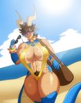  abs angry beach big_breasts blue_eyes blue_scales blush bracelet breasts brown_hair clothing dragon drakthug ear_piercing eyewear facial_piercing female glasses gold hair horn humanoid jewelry lip_piercing looking_at_viewer norael piercing pubes scalie scar seaside solo swimsuit thick_thighs voluptuous water 