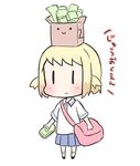  1girl :c bag blonde_hair box chibi collared_shirt commentary_request dai-oki_(style) full_body hirameki_hatsume hirameki_hatsume-chan money on_head parody saku_usako_(rabbit) school_uniform shirt shoulder_bag skirt smile solo style_parody translation_request two_side_up white_background |_| 