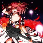  :d alternate_color black_gloves breasts cleavage collarbone commentary_request electric_guitar fingerless_gloves flower fuoco glint gloves guitar hair_bobbles hair_ornament highres instrument large_breasts off_shoulder onozuka_komachi open_mouth red_eyes red_hair sg short_hair smile solo spider_lily touhou two_side_up upper_body 
