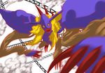  bandai blonde_hair claws diablomon digimon digimon_adventure digimon_adventure:_bokura_no_war_game evil fighting horns internet ishinarimaru_shouten jump jumping monster no_humans simple_background yellow_eyes 