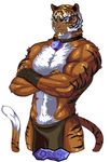  animated biceps clothing crossed_arms dialogue fangs feline hand_wraps loincloth male mammal muscles plain_background s-purple solo tiger white_background 