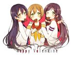  akakura ascot blue_hair blush brown_hair chocolate chocolate_heart cookie food green_eyes hand_on_another's_shoulder happy_valentine heart heart-shaped_food hoshizora_rin lily_white_(love_live!) long_hair long_sleeves looking_at_viewer love_live! love_live!_school_idol_project mouth_hold multiple_girls necktie one_eye_closed paw_pose purple_hair sailor_collar scrunchie short_hair sonoda_umi toujou_nozomi twintails valentine yellow_eyes 