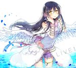  akakura angel_wings arm_wrap armband blue_hair bow copyright_name cowboy_shot flower hair_flower hair_ornament hair_ribbon hairpin hands_up headset long_hair looking_at_viewer love_live! love_live!_school_idol_project petals ribbon shorts solo sonoda_umi standing tears thigh_strap very_long_hair wading wings yellow_eyes 