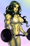  absurdres barbell bikini breasts covered_nipples elee0228 green_hair green_skin highres jennifer_walters large_breasts marvel muscle muscular_female she-hulk solo swimsuit 