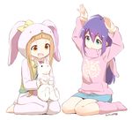  :d ahoge animal_costume animal_hood aqua_eyes brown_eyes brown_hair bunny bunny_costume bunny_hood bunny_pose cosplay dated denim denim_skirt full_body hood hoodie ichihara_nina idolmaster idolmaster_cinderella_girls idolmaster_million_live! kigurumi mochizuki_anna multiple_girls nagian open_mouth purple_hair simple_background skirt smile white_background 