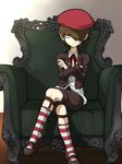  beret brown_hair chair company_connection crossed_arms crossed_legs flower fluke_(youkai_watch) frown hair_over_one_eye hat indoors looking_at_viewer male_focus mary_janes parody professor_layton red_legwear sentinel_(ensofu) shoes sitting sock_garters socks solo striped striped_legwear white_legwear youkai_watch 