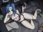  1girl alcohol barefoot blue_hair book bra breasts chin_rest cleavage couch cup drinking_glass eyeshadow hair_down hair_over_one_eye large_breasts long_hair makeup mariel_cartwright navel no_eyepatch one-eyed open_book panties purple_bra purple_panties reading reclining red_eyes scar scar_across_eye signature skullgirls slender_waist solo toes underwear underwear_only valentine_(skullgirls) wine wine_glass 