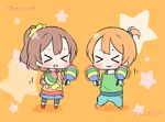  &gt;_&lt; :3 :d alternate_hairstyle brown_hair chibi closed_eyes clothes_writing commentary_request hoshizora_rin instrument kousaka_honoka love_live! love_live!_school_idol_project maracas multiple_girls music off-shoulder_shirt one_side_up open_mouth orange_hair pants playing_instrument ponytail saku_usako_(rabbit) scrunchie shaking shirt skirt smile star x3 xd 