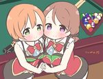  alternate_hairstyle ball between_breasts billiards blush bow bowtie breasts brown_hair card card_between_breasts commentary_request cue_ball cue_stick green_eyes holding_hands hoshizora_rin koizumi_hanayo looking_at_viewer love_live! love_live!_school_idol_project multiple_girls orange_hair pool_table purple_eyes saku_usako_(rabbit) scrunchie short_hair short_twintails twintails 
