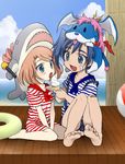  1girl ascot barefoot blue_eyes brother_and_sister brown_hair cardfight!!_vanguard feeding food full_body hat ice_cream ice_cream_cone microphone open_mouth sendou_aichi sendou_emi shijimi_(outa) short_hair siblings smile soft_serve wingal 