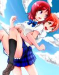  :d black_legwear blue_sky bow cloud day hoshizora_rin kneehighs looking_at_another love_live! love_live!_school_idol_project multiple_girls nishikino_maki open_mouth orange_hair otonokizaka_school_uniform purple_eyes red_hair sakuma_shiiya school_uniform short_hair skirt sky smile yellow_eyes 