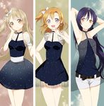  :d absurdres armpits arms_up azuko_(ampenm) bare_shoulders belt blue_dress blue_eyes blush bow dress earrings hair_bow hand_to_own_mouth head_tilt highres jewelry kousaka_honoka looking_at_viewer love_live! love_live!_school_idol_project minami_kotori multiple_girls open_mouth see-through short_shorts shorts sleeveless sleeveless_dress smile sonoda_umi standing starry_sky_print 