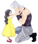  1girl black_hair blush boots brother_and_sister child closed_eyes dress earrings grey_hair hand_kiss height_difference jean_pierre_polnareff jewelry jojo_no_kimyou_na_bouken kiss no_eyebrows one_knee rin_co sherry_polnareff siblings smile yellow_dress younger 