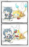  &gt;_&lt; bad_id bad_pixiv_id biting blue_eyes cat closed_eyes comic golnyan lying multiple_tails no_humans notched_ear on_stomach open_mouth rivets robonyan robot screwdriver sitting speech_bubble tail tail_biting toyo_(toyoyomi) translation_request two_tails white_background yellow_eyes youkai youkai_watch 
