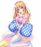  1girl artist_request blonde_hair blue_eyes blush breasts character_request cleavage feet female long_hair looking_at_viewer no_shoes original pillow sitting smile solo thighhighs white_legwear yahiro_(anhnw) 
