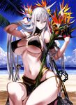  beach bikini bird_of_paradise black_bikini black_gloves blush breasts cleavage cloud day flower gloves half_gloves highres honjou_raita huge_breasts long_hair ocean outdoors rapier red_eyes selvaria_bles senjou_no_valkyria silver_hair sky solo swimsuit sword underboob very_long_hair weapon 