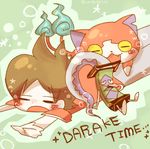  amano_keita brown_hair cat closed_eyes daraketou fangs green_background jibanyan lying multiple_tails notched_ear on_stomach open_mouth short_hair sitting sword tail twitter_username two_tails umi_(srtm07) weapon youkai youkai_watch 