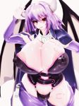  1girl 57mm alma_elma areola_slip areolae breasts demon_wings erect_nipples female gigantic_breasts horns large_areolae mon-musu_quest! monster_girl nipples puffy_nipples purple_hair red_eyes shiny_clothes shiny_skin smile solo standing succubus v wings 